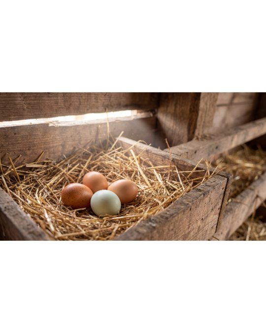 Farm fresh eggs resting in a straw-lined crate