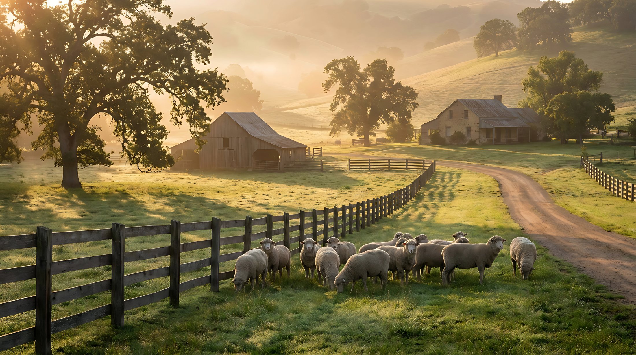 Golden hour over a pasture with grazing sheep